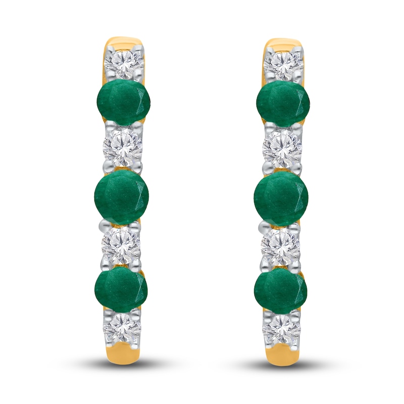 Main Image 1 of Kallati Round-Cut Natural Emerald & Diamond Hoop Earrings 1/6 ct tw 14K Yellow Gold