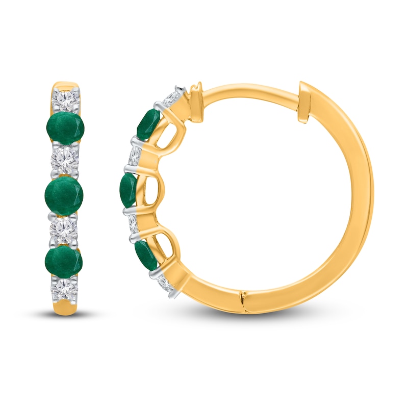 Main Image 3 of Kallati Round-Cut Natural Emerald & Diamond Hoop Earrings 1/6 ct tw 14K Yellow Gold