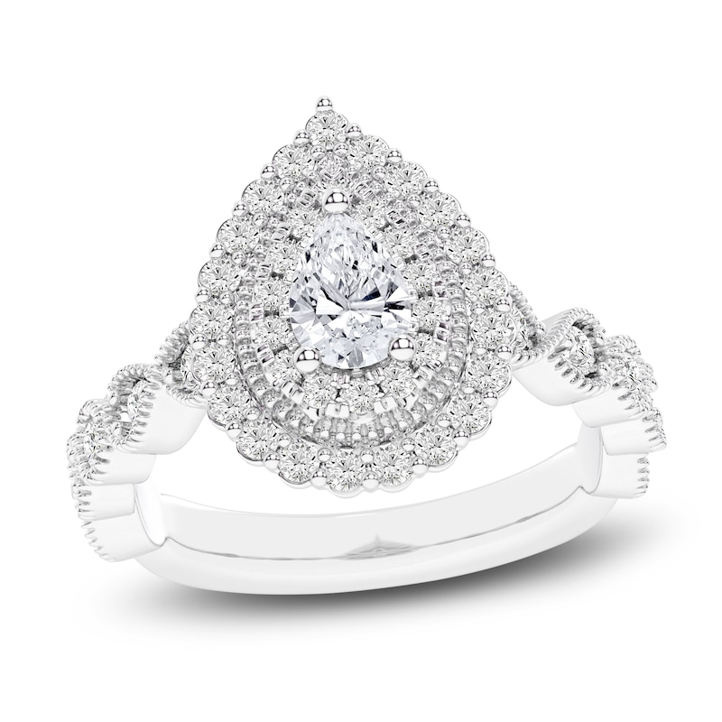 Brilliant Moments Pear-Shaped Scalloped Halo Engagement Ring 1 ct tw 14K White Gold