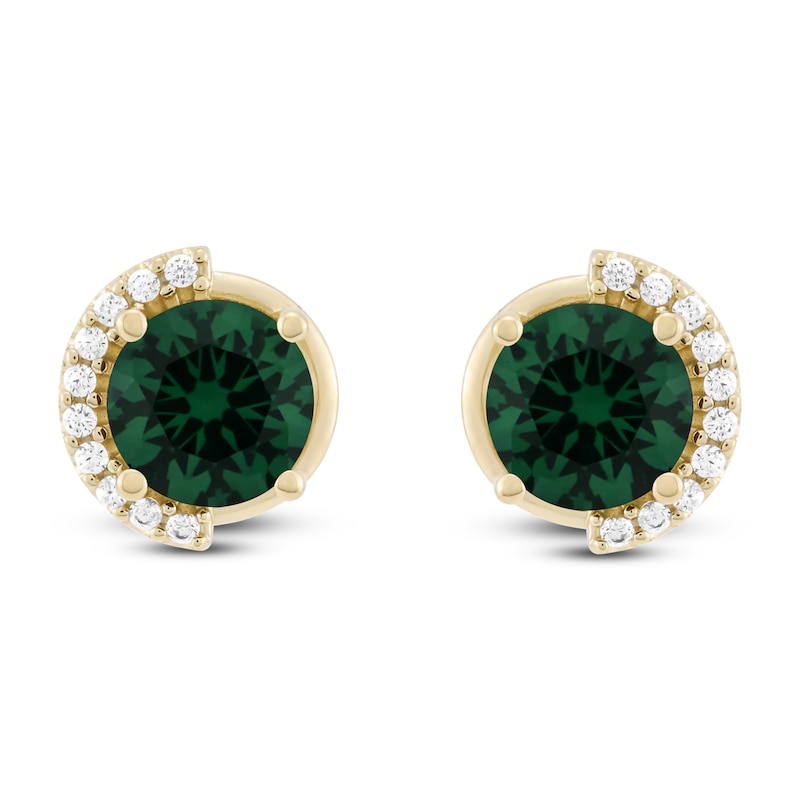 Main Image 1 of Lab-Created Emerald & Diamond Stud Earrings 1/10 ct tw 10K Yellow Gold