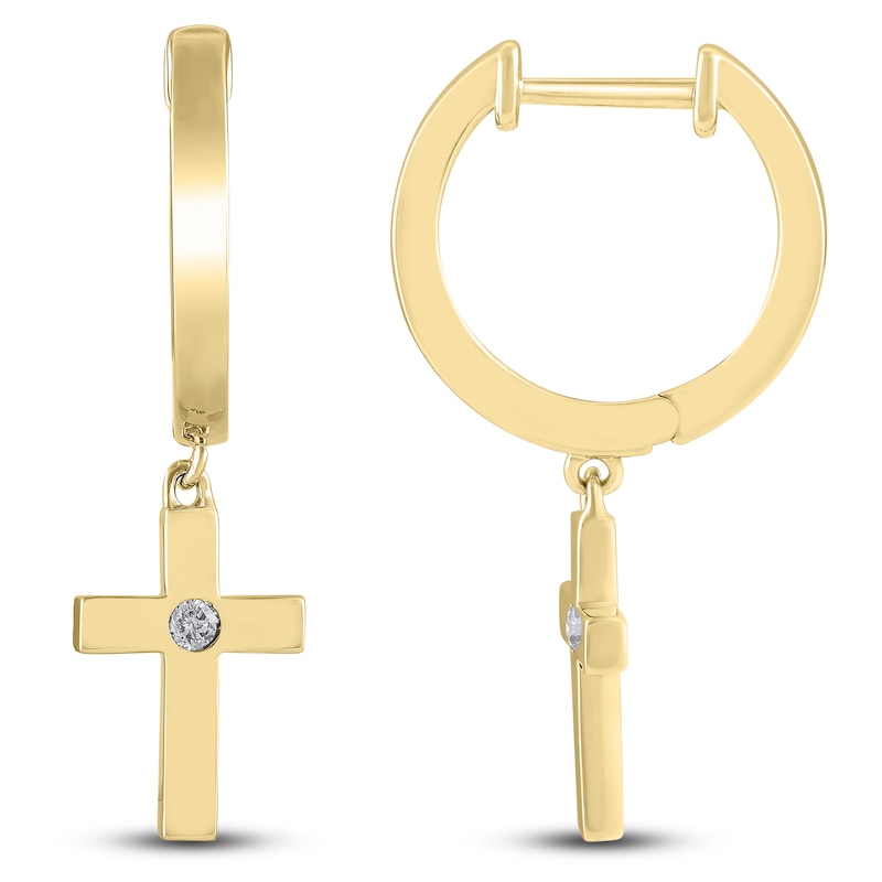 Main Image 1 of Diamond Cross Dangle Hoop Earrings 1/20 ct tw 10K Yellow Gold