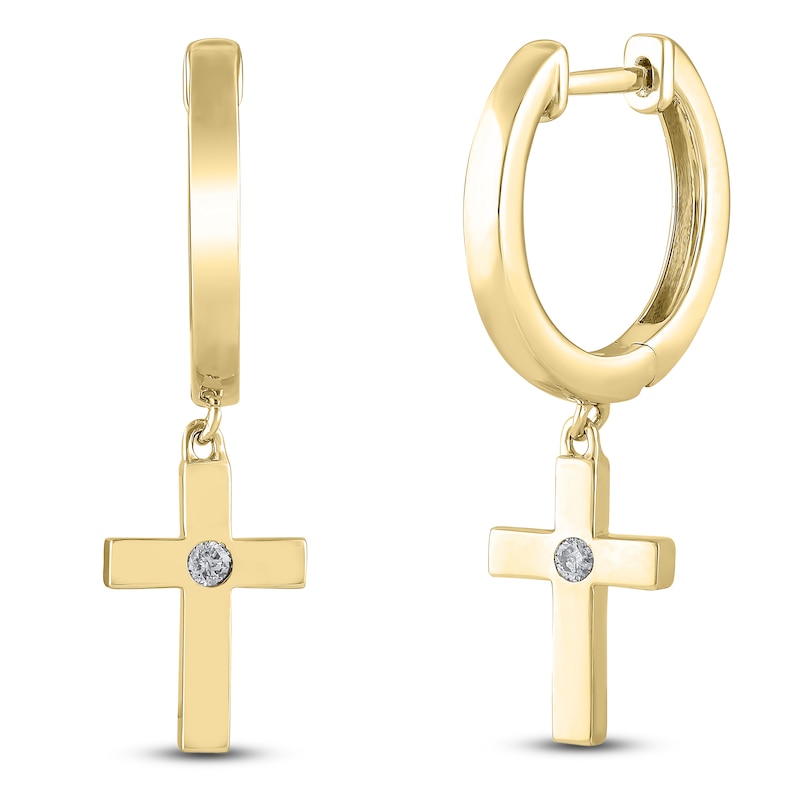 Main Image 2 of Diamond Cross Dangle Hoop Earrings 1/20 ct tw 10K Yellow Gold