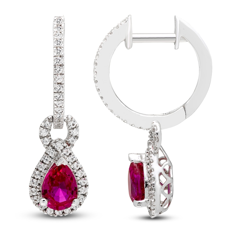 Pear-Shaped Lab-Created Ruby & White Lab-Created Sapphire Doorknocker Hoop Earrings Sterling Silver