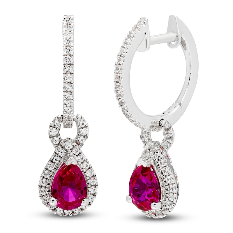 Pear-Shaped Lab-Created Ruby & White Lab-Created Sapphire Doorknocker Hoop Earrings Sterling Silver