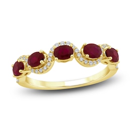 Oval-Cut Natural Ruby & Diamond Five-Stone Ring 1/8 ct tw 14K Yellow Gold