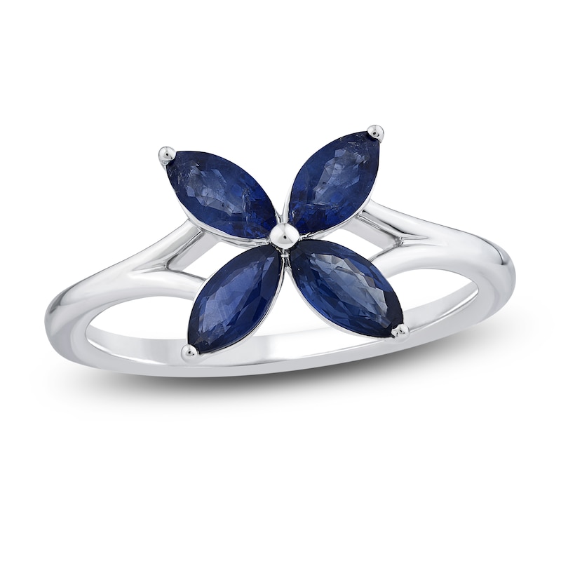 Marquise-Cut Natural Blue Sapphire Flower Ring 10K White Gold