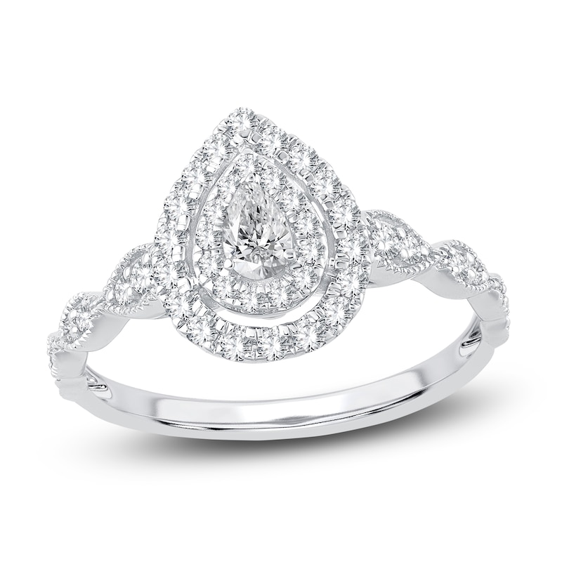 Main Image 1 of Pear & Round-Cut Diamond Double Halo Engagement Ring 1/2 ct tw 14K White Gold