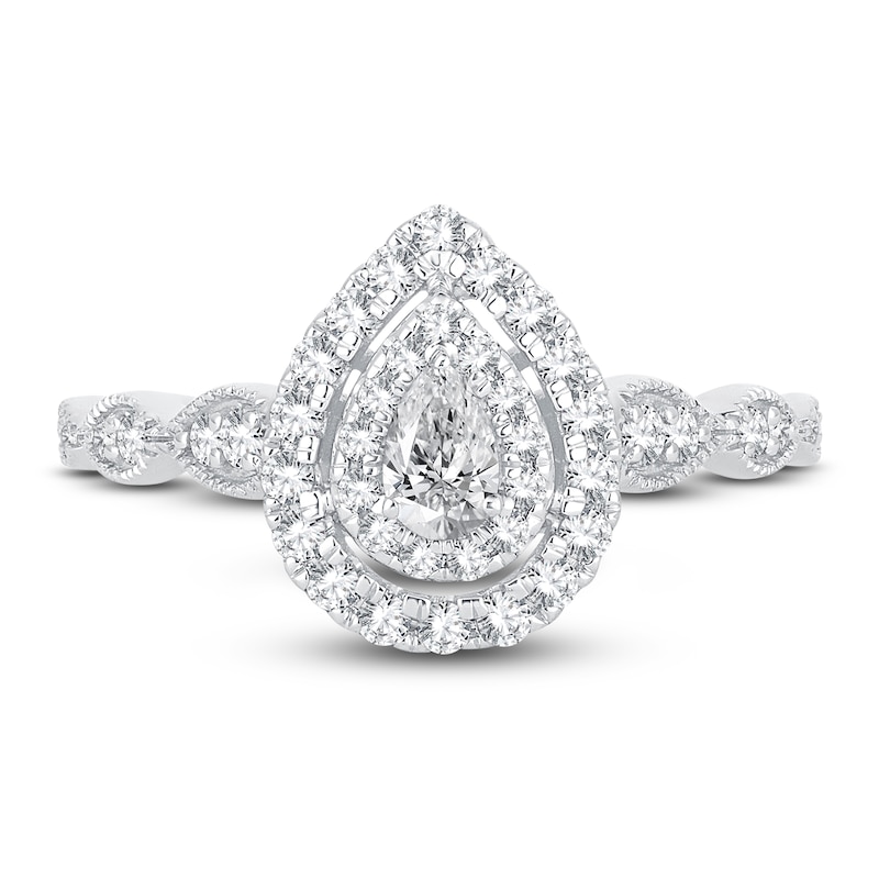 Main Image 3 of Pear & Round-Cut Diamond Double Halo Engagement Ring 1/2 ct tw 14K White Gold