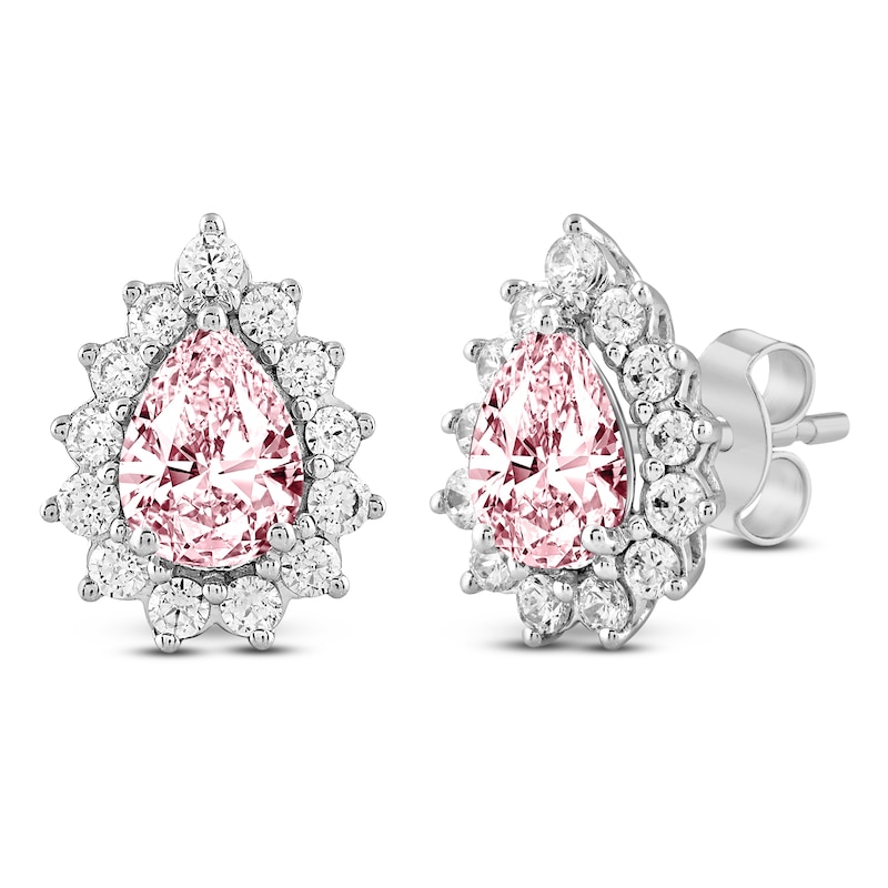 Pear-Shaped Pink Lab-Created Diamond & White Lab-Created Diamond Halo Stud Earrings 3 ct tw 14K White Gold