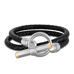 Forged by Jared Men's Leather Wrap Bracelet 18K Yellow Gold, Damascus Steel & Sterling Silver 17.25&quot;