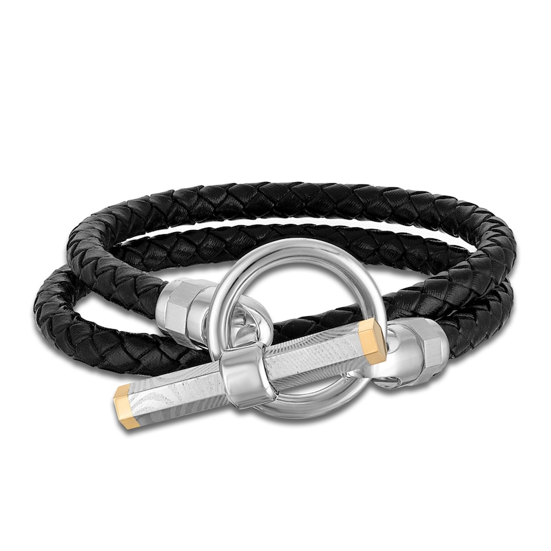 Forged by Jared Men's Leather Wrap Bracelet 18K Yellow Gold, Damascus Steel & Sterling Silver 17.25"