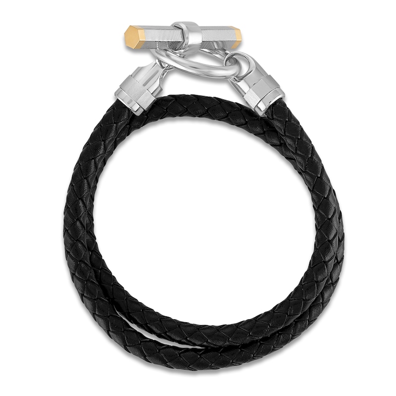 Forged by Jared Men's Leather Wrap Bracelet 18K Yellow Gold, Damascus Steel & Sterling Silver 17.25"