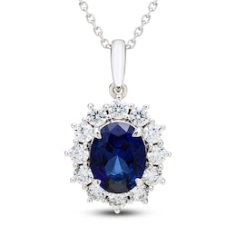 Oval-Cut Blue Lab-Created Sapphire & White Lab-Created Sapphire Halo Necklace Sterling Silver 18&quot;