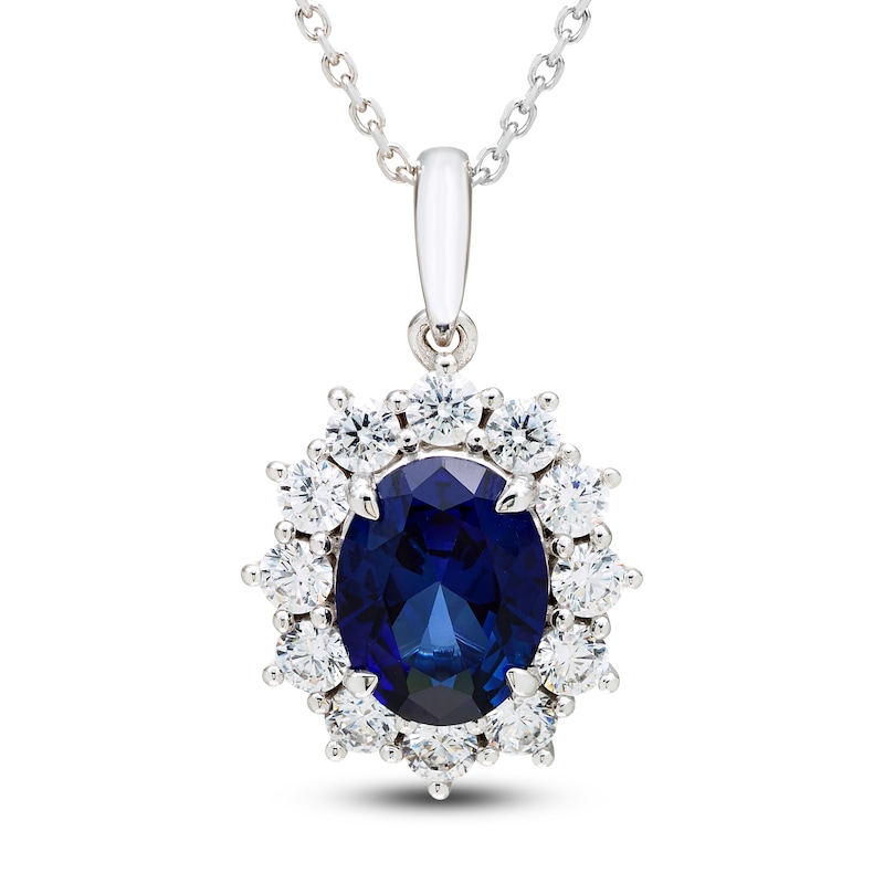 Oval-Cut Blue Lab-Created Sapphire & White Lab-Created Sapphire Halo Necklace Sterling Silver 18"