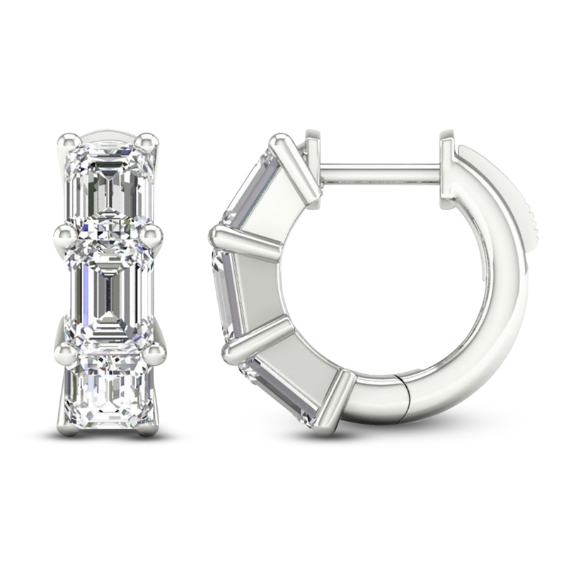 Emerald-Cut Lab-Created Diamond Three-Stone Hoop Earrings 3 ct tw 14K White Gold