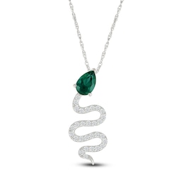 Pear-Shaped Lab-Created Emerald & White Lab-Created Sapphire Snake Necklace Sterling Silver 18&quot;