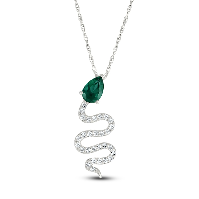 Pear-Shaped Lab-Created Emerald & White Lab-Created Sapphire Snake Necklace Sterling Silver 18"