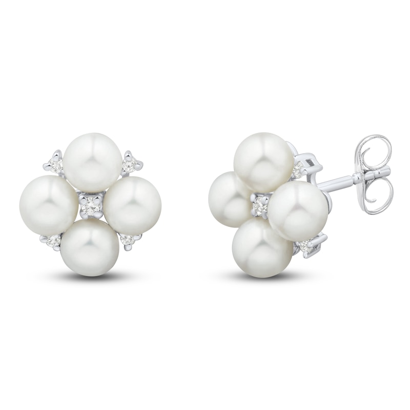 Main Image 2 of Cultured Pearl & White Lab-Created Sapphire Quad Stud Earrings Sterling Silver