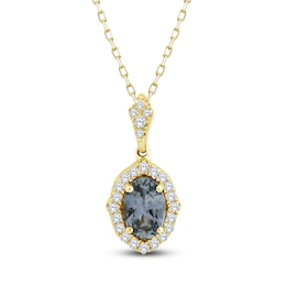 Montana Blue Oval-Cut Natural Sapphire & Diamond Halo Necklace 1/10 ct tw 14K Yellow Gold 18&quot;