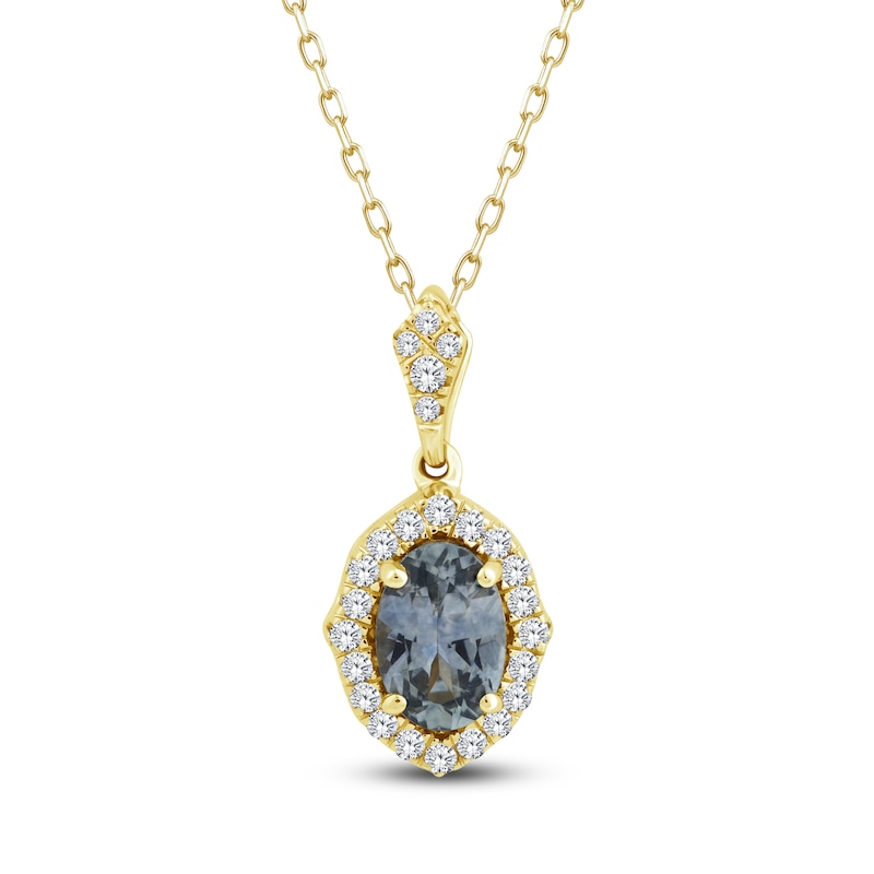 Main Image 1 of Montana Blue Oval-Cut Natural Sapphire & Diamond Halo Necklace 1/10 ct tw 14K Yellow Gold 18&quot;