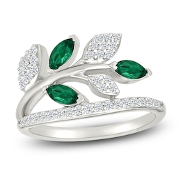 Marquise-Cut Lab-Created Emerald & White Lab-Created Sapphire Leaf Ring Sterling Silver