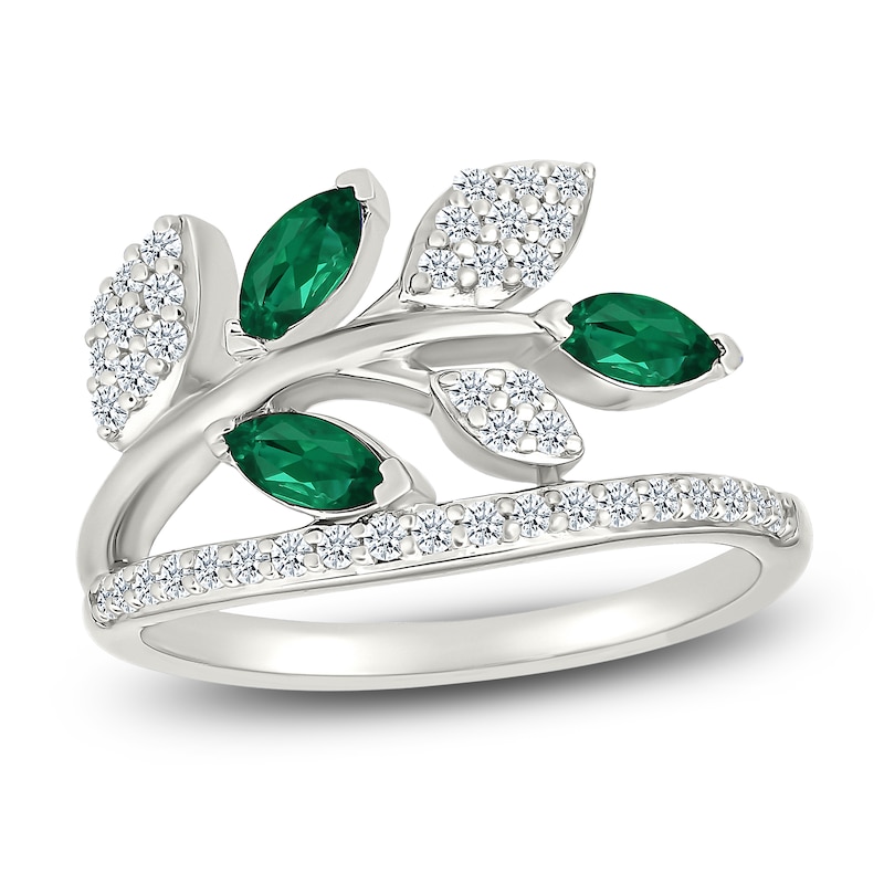 Marquise-Cut Lab-Created Emerald & White Lab-Created Sapphire Leaf Ring Sterling Silver