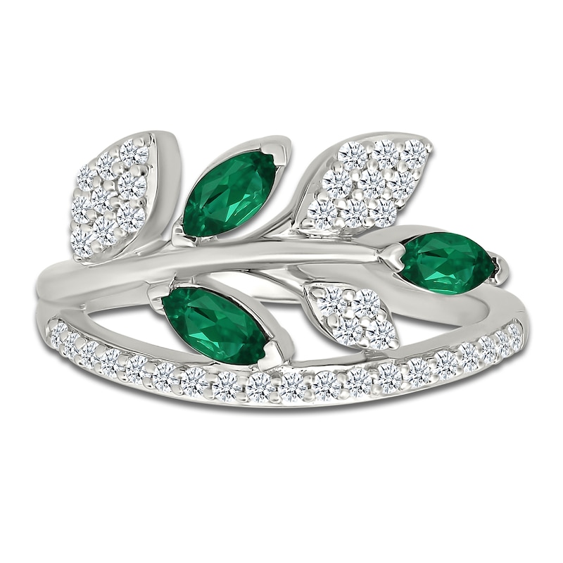 Main Image 3 of Marquise-Cut Lab-Created Emerald & White Lab-Created Sapphire Leaf Ring Sterling Silver