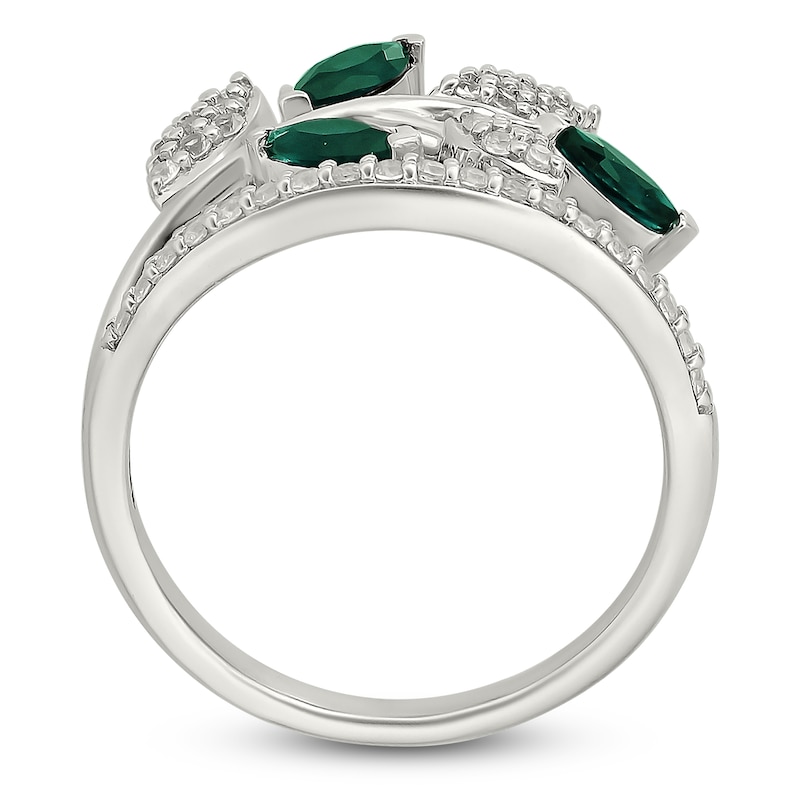 Main Image 4 of Marquise-Cut Lab-Created Emerald & White Lab-Created Sapphire Leaf Ring Sterling Silver