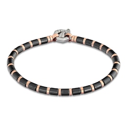 Baraka Men's Bead Bracelet with Diamond Accent Stainless Steel, Black Ceramic & 18K Rose Gold 7.5&quot;