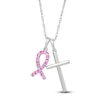 Thumbnail Image 1 of Pink Lab-Created Sapphire Ribbon & Cross Necklace 10K White Gold 18&quot;