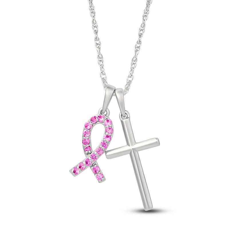 Main Image 1 of Pink Lab-Created Sapphire Ribbon & Cross Necklace 10K White Gold 18&quot;