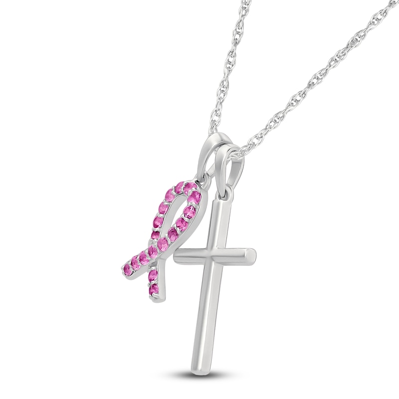 Main Image 2 of Pink Lab-Created Sapphire Ribbon & Cross Necklace 10K White Gold 18&quot;