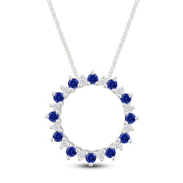 Blue Lab-Created Sapphire & Diamond Circle Necklace 1/8 ct tw Sterling Silver 18&quot;