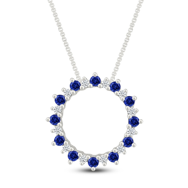 Main Image 1 of Blue Lab-Created Sapphire & Diamond Circle Necklace 1/8 ct tw Sterling Silver 18&quot;