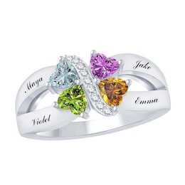 Family & Mother's Heart-Shaped Birthstone Swirl Ring (4 Stones and Lines)