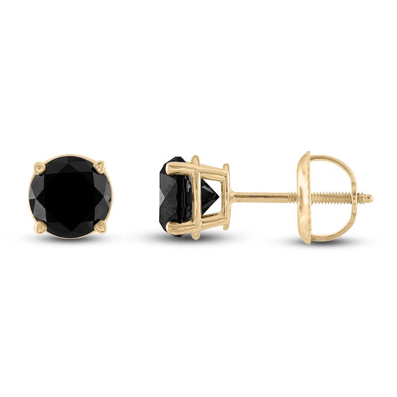 Main Image 1 of Black Diamond Solitaire Stud Earrings 1-1/2 ct tw Round 10K Yellow Gold