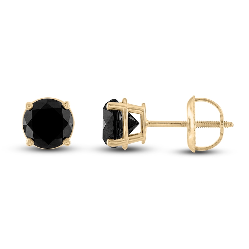 Main Image 1 of Black Diamond Solitaire Stud Earrings 2 ct tw Round 10K Yellow Gold