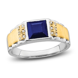 Men's Blue Lab-Created Sapphire Ring 1/20 ct tw Diamonds 14K Two-Tone Gold