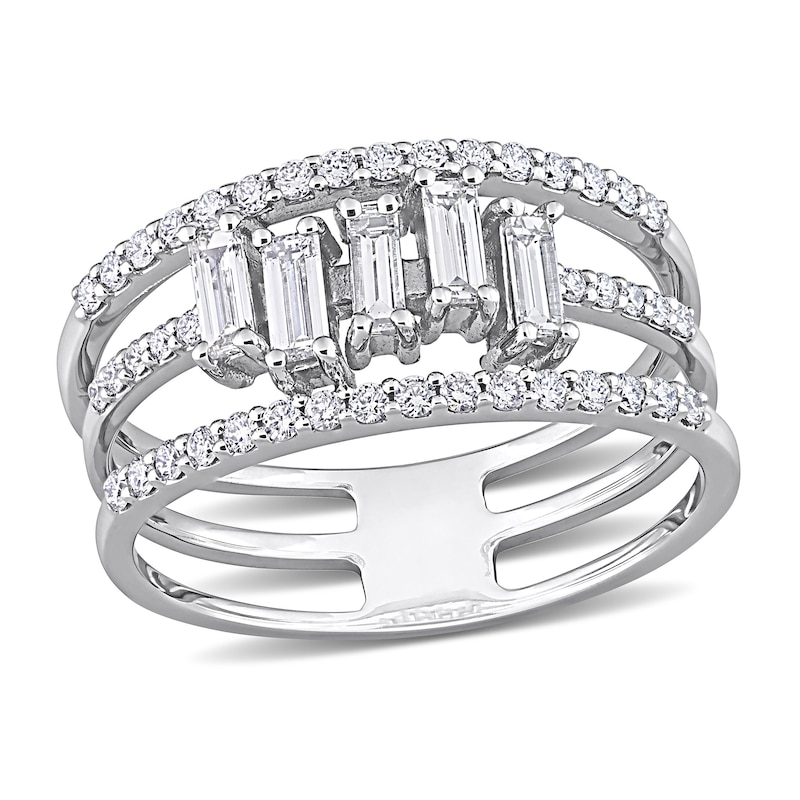 Diamond Triple Row Ring 5/8 ct tw Baguette/Round 14K White Gold