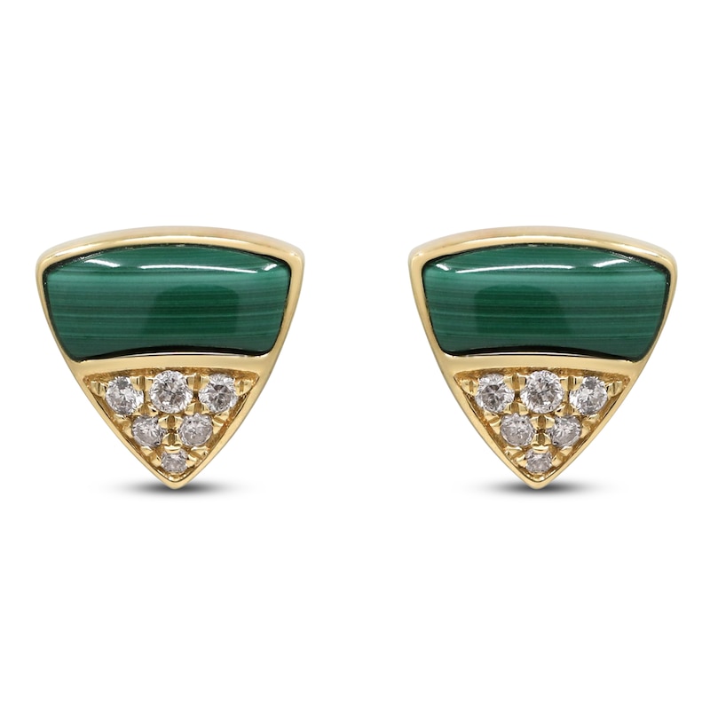 Natural Malachite & Diamond Triangle Stud Earrings 1/10 ct tw 14K Yellow Gold