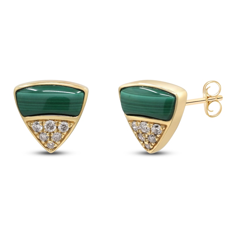 Natural Malachite & Diamond Triangle Stud Earrings 1/10 ct tw 14K Yellow Gold
