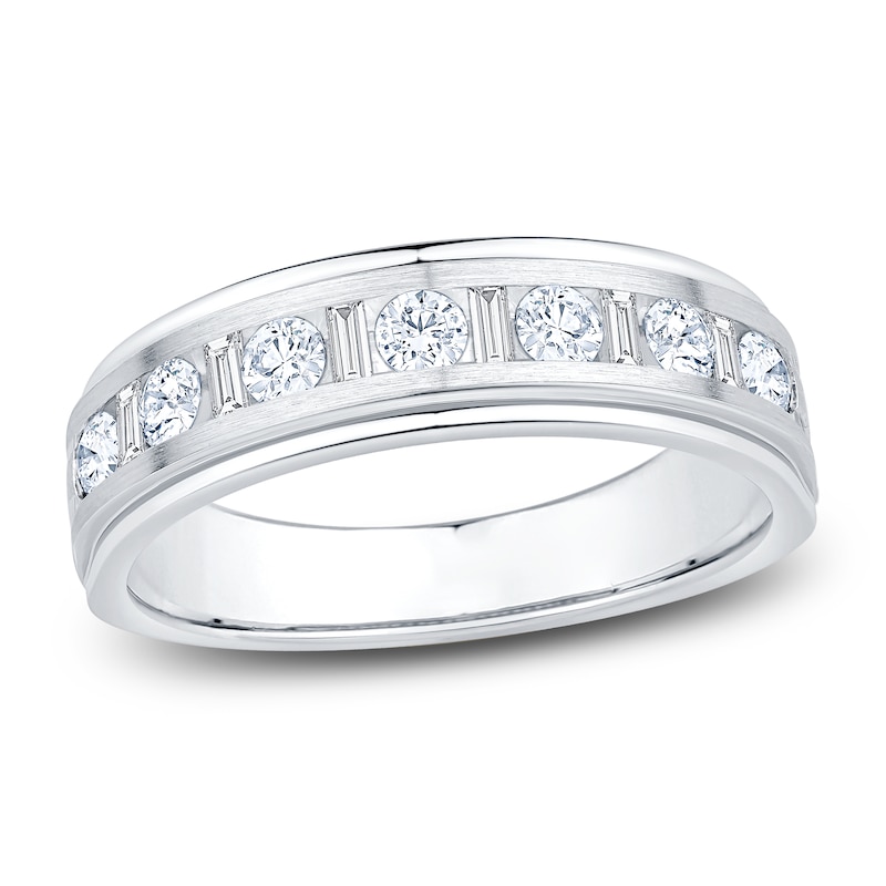 Main Image 1 of Men's Certified Baguette & Round-Cut Diamond Wedding Band 3/4 ct tw 14K White Gold