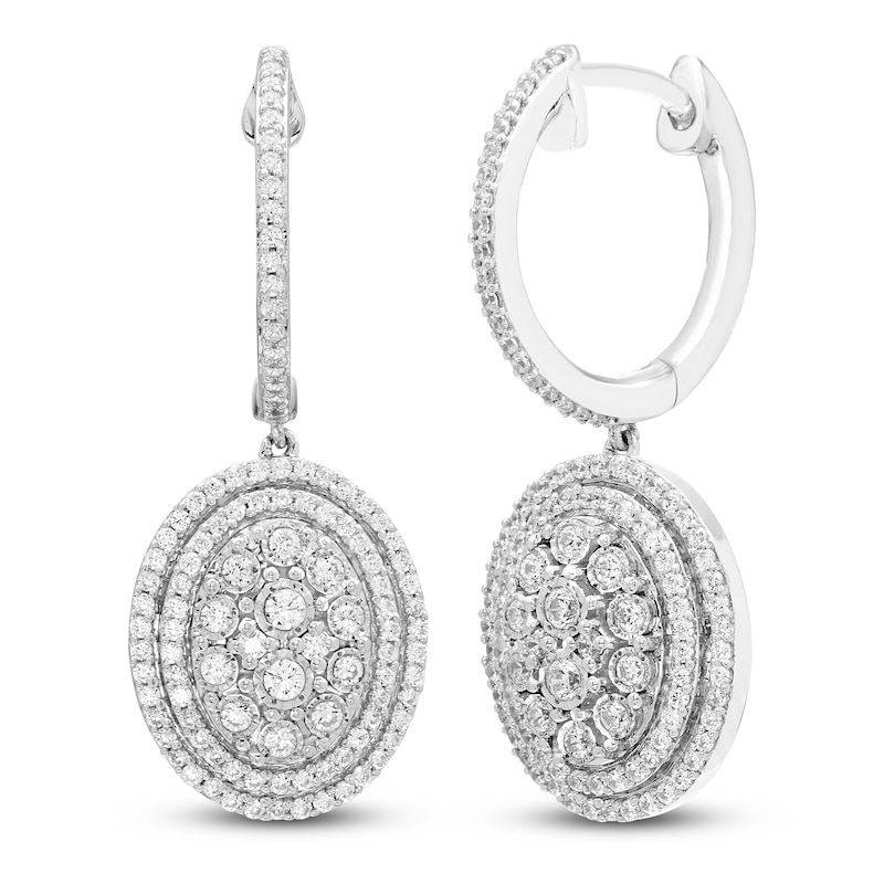 Main Image 2 of Multi-Diamond Oval Halo Dangle Hoop Earrings 5/8 ct tw 14K White Gold