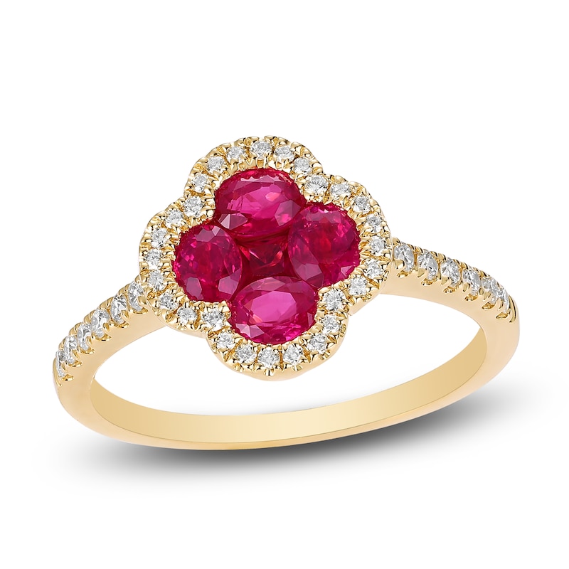 Main Image 1 of Oval & Square-Cut Natural Ruby & Diamond Quatrefoil Ring 1/4 ct tw 14K Yellow Gold