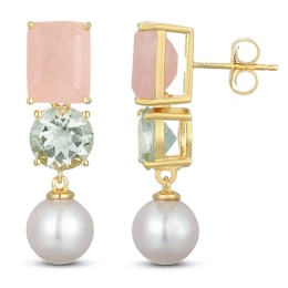 Rectangle-Cut Natural Rose Quartz, Round-Cut Natural Green Quartz & Cultured Pearl Dangle Earrings 14K Yellow Gold