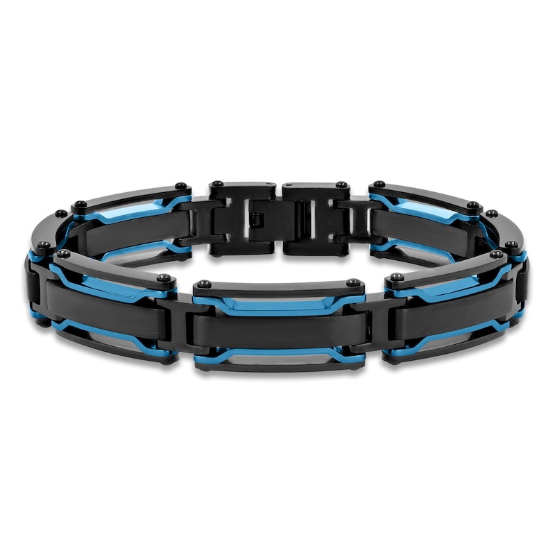 Main Image 1 of Men's Bar Link Chain Bracelet Black & Blue Ion-Plated Stainless Steel 8.5&quot;