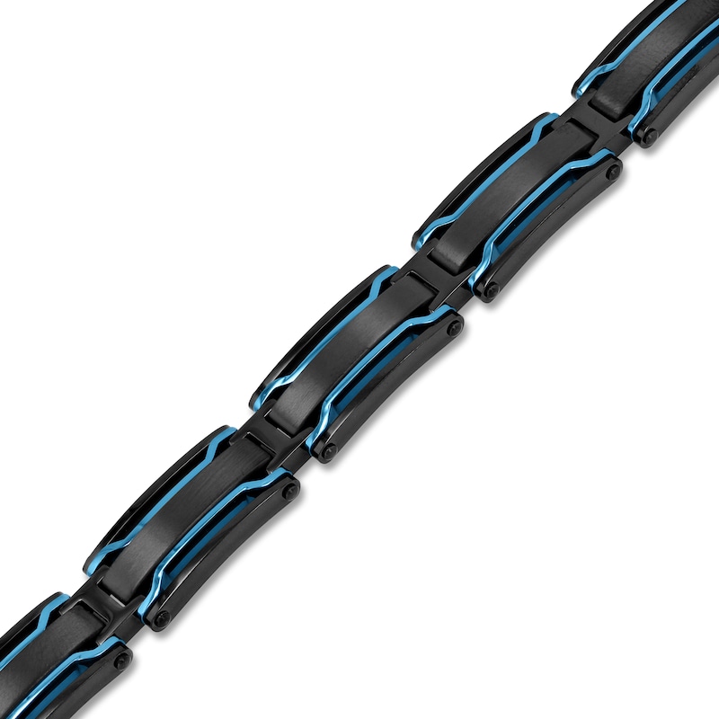 Main Image 2 of Men's Bar Link Chain Bracelet Black & Blue Ion-Plated Stainless Steel 8.5&quot;