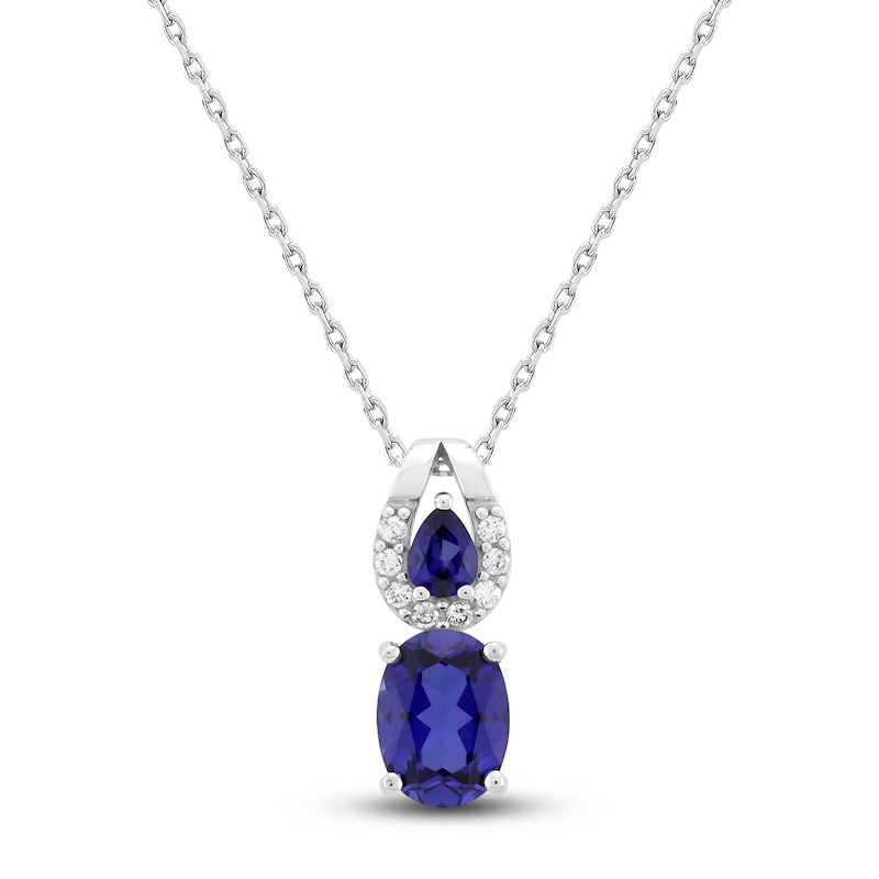 Oval & Pear-Shaped Ceylon Lab-Created Sapphire & Diamond Double Drop Necklace 1/15 ct tw 10K White Gold 18