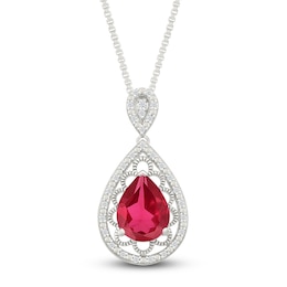 Pear-Shaped Lab-Created Ruby & Diamond Filigree Necklace 1/10 ct tw Sterling Silver 18&quot;