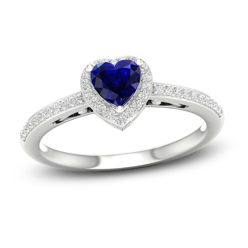 Main Image 1 of Natural Blue Sapphire Ring 1/8 ct tw Diamonds 14K White Gold